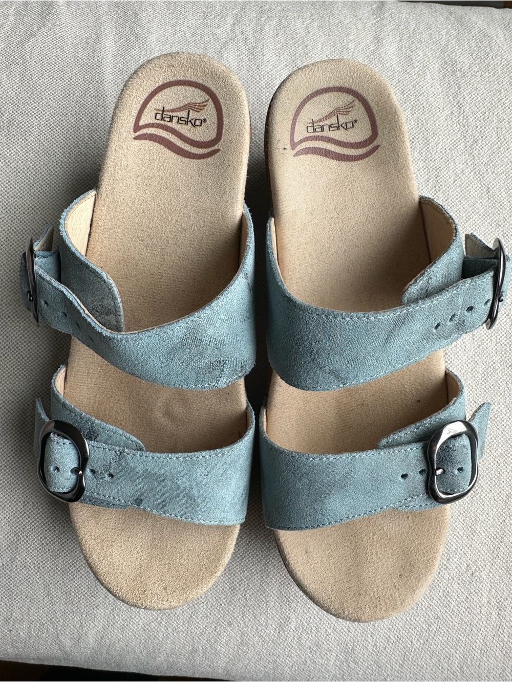Dansko Women's Double-Buckle Suede Slide Sandals in Light Blue